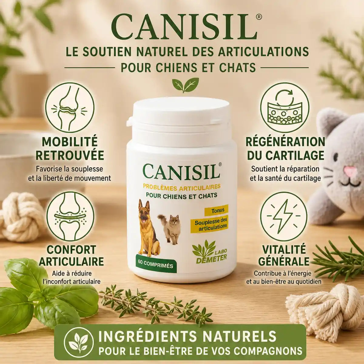 Canisil 60 comprimés anti-inflammatoire arthrose chien chat avec bénéfices mobilité et confort articulaire
