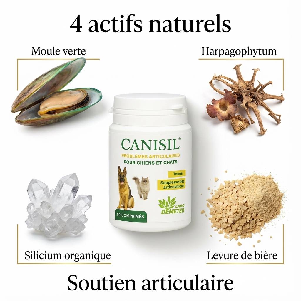 Canisil 60 comprimés anti-inflammatoire avec moule verte, harpagophytum et silicium pour chien et chat