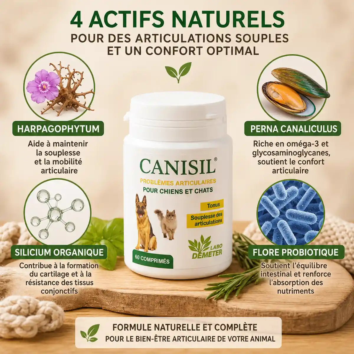 Canisil 60 comprimés anti-inflammatoire arthrose chien chat avec ingrédients naturels Harpagophytum