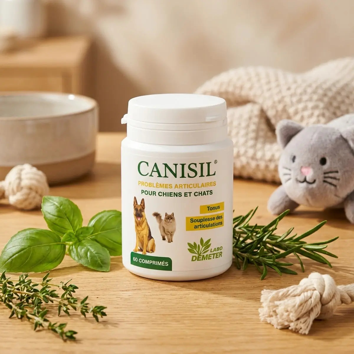 Canisil 60 comprimés anti-inflammatoire pour arthrose chien chat sur surface bois