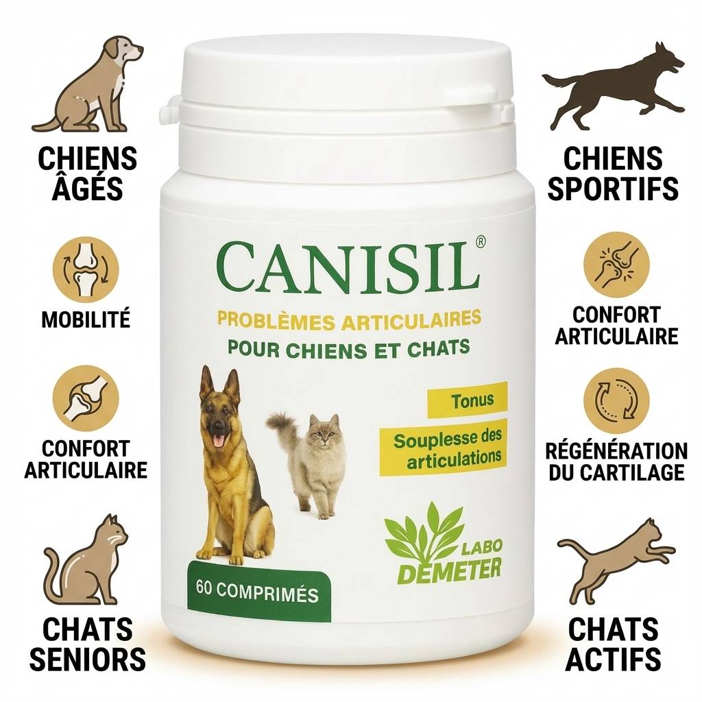 Canisil 60 comprimés anti-inflammatoire arthrose chien chat avec icônes bénéfices mobilité articulation
