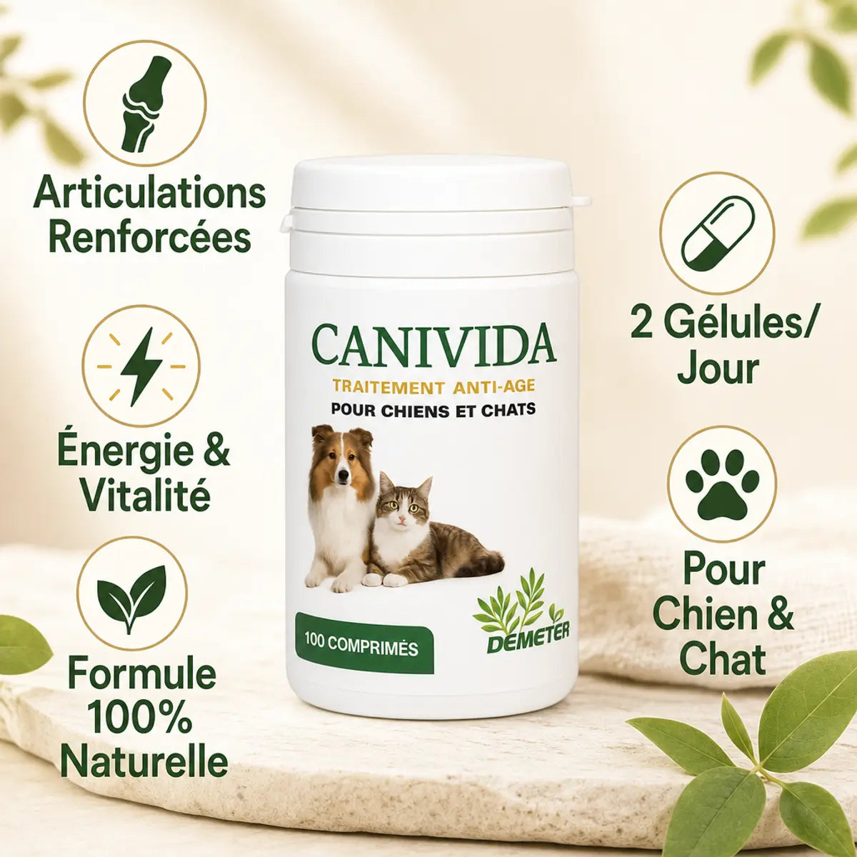 Canivida 100 comprimés supplément anti-âge naturel chien chat avec bénéfices articulations et vitalité