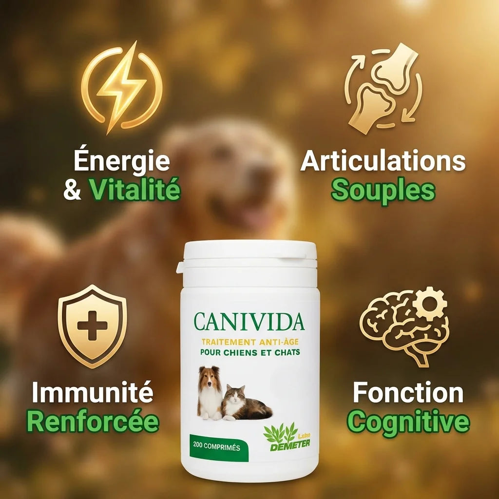 Canivida 200 comprimés anti-âge chien chat avec bénéfices: énergie, articulations, immunité, cognition