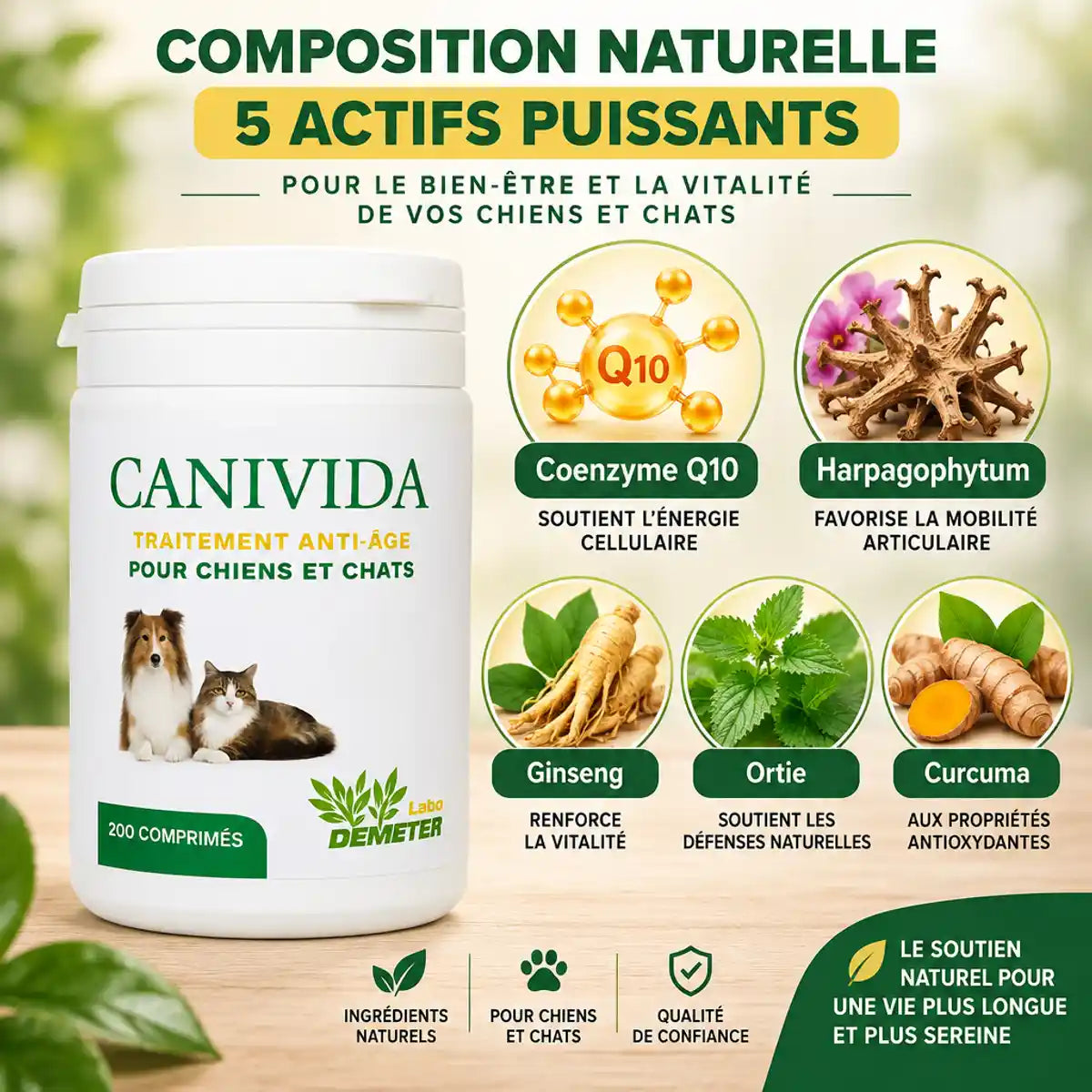 Canivida 200 comprimés anti-âge naturel pour chien et chat avec CoQ10, Harpagophytum et Curcuma