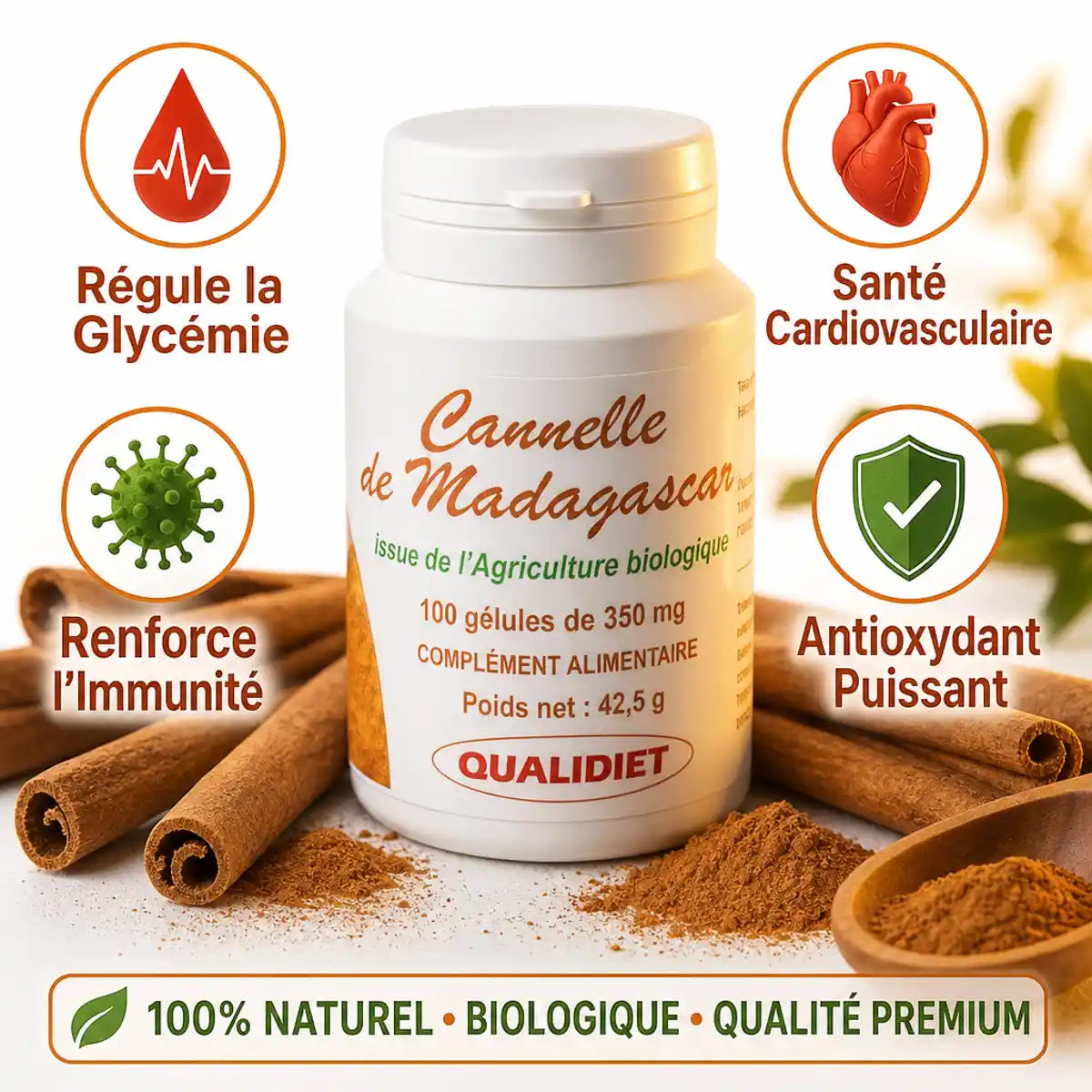 Cannelle de Ceylan Bio Qualidiet 100 gélules 350mg avec bénéfices santé et bâtons de cannelle
