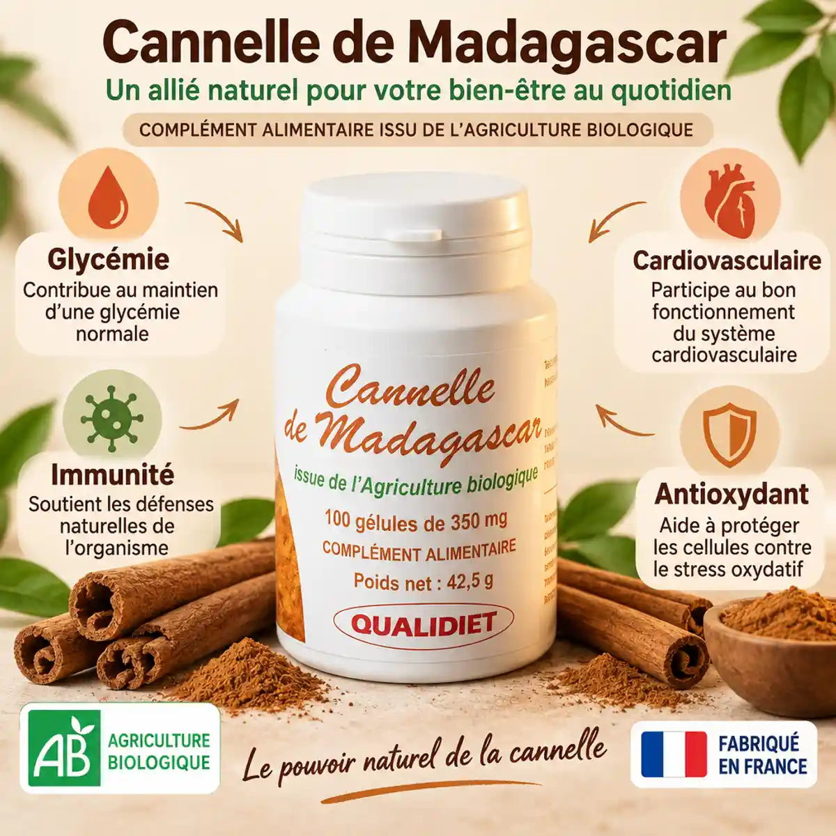 Cannelle de Ceylan Bio 100 gélules Qualidiet avec bénéfices santé glycémie immunité antioxydant