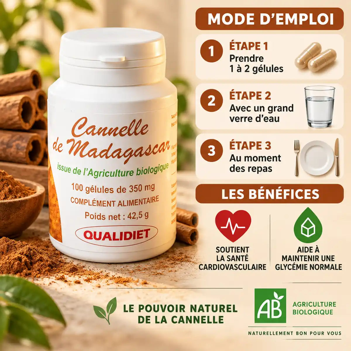Cannelle de Ceylan Bio 100 gélules Qualidiet avec mode d'emploi et bienfaits cardiovasculaires