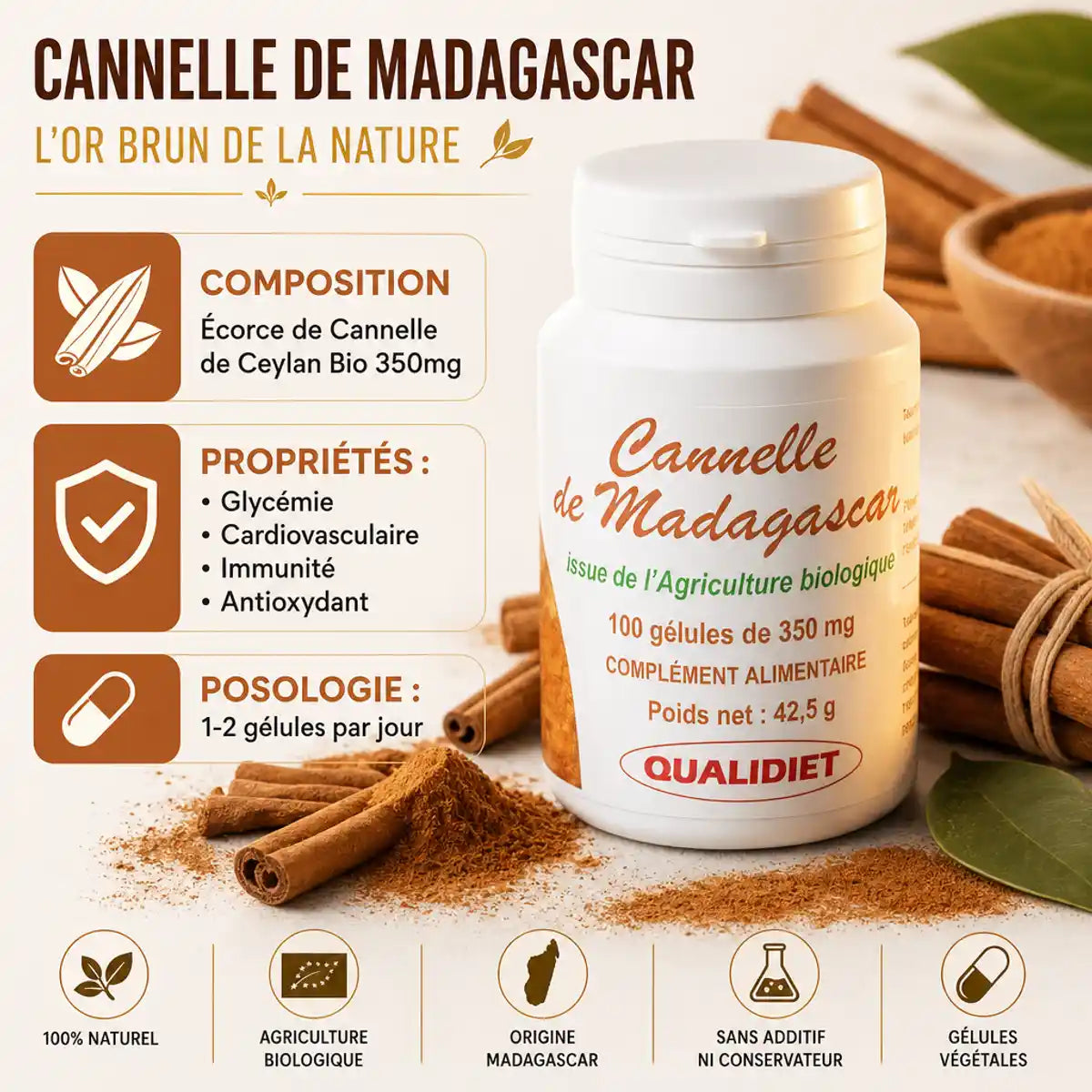 Cannelle de Ceylan Bio Qualidiet 350mg gélules avec bâtons et poudre de cannelle