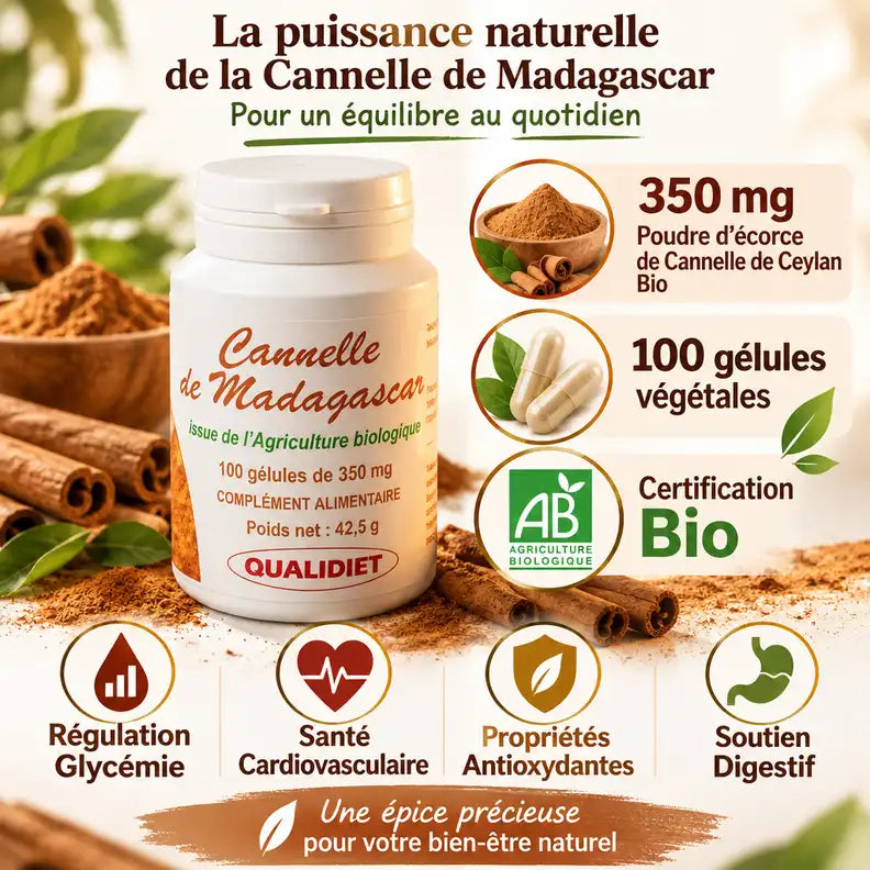 Cannelle de Ceylan Bio 100 gélules Qualidiet - Bouteille avec bénéfices santé et poudre