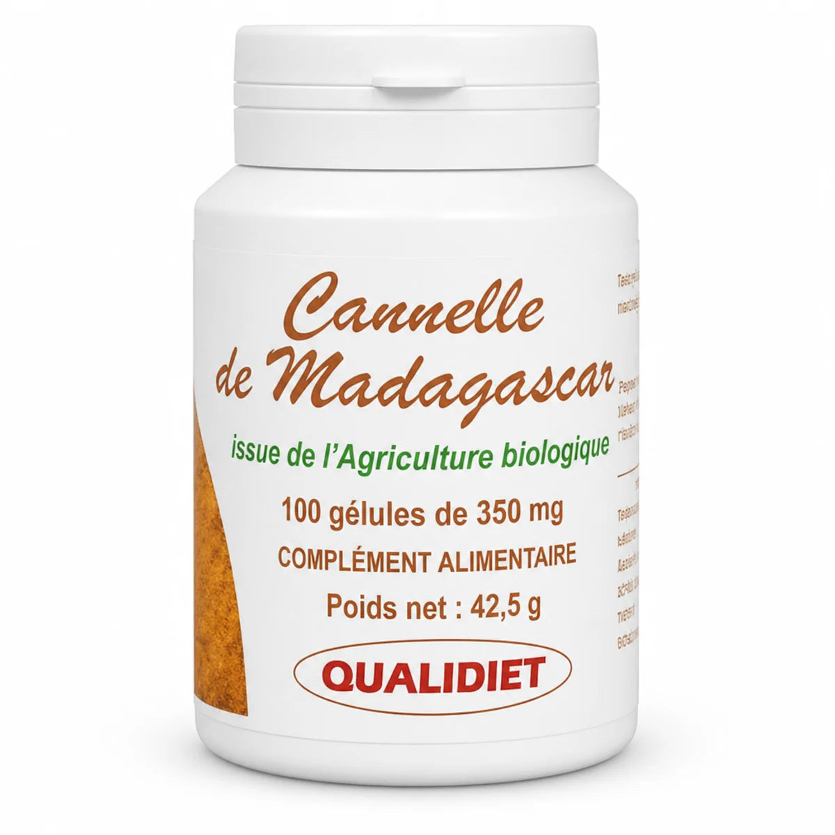 Cannelle de Ceylan Bio 100 gélules 350mg Qualidiet flacon blanc étiquette orange