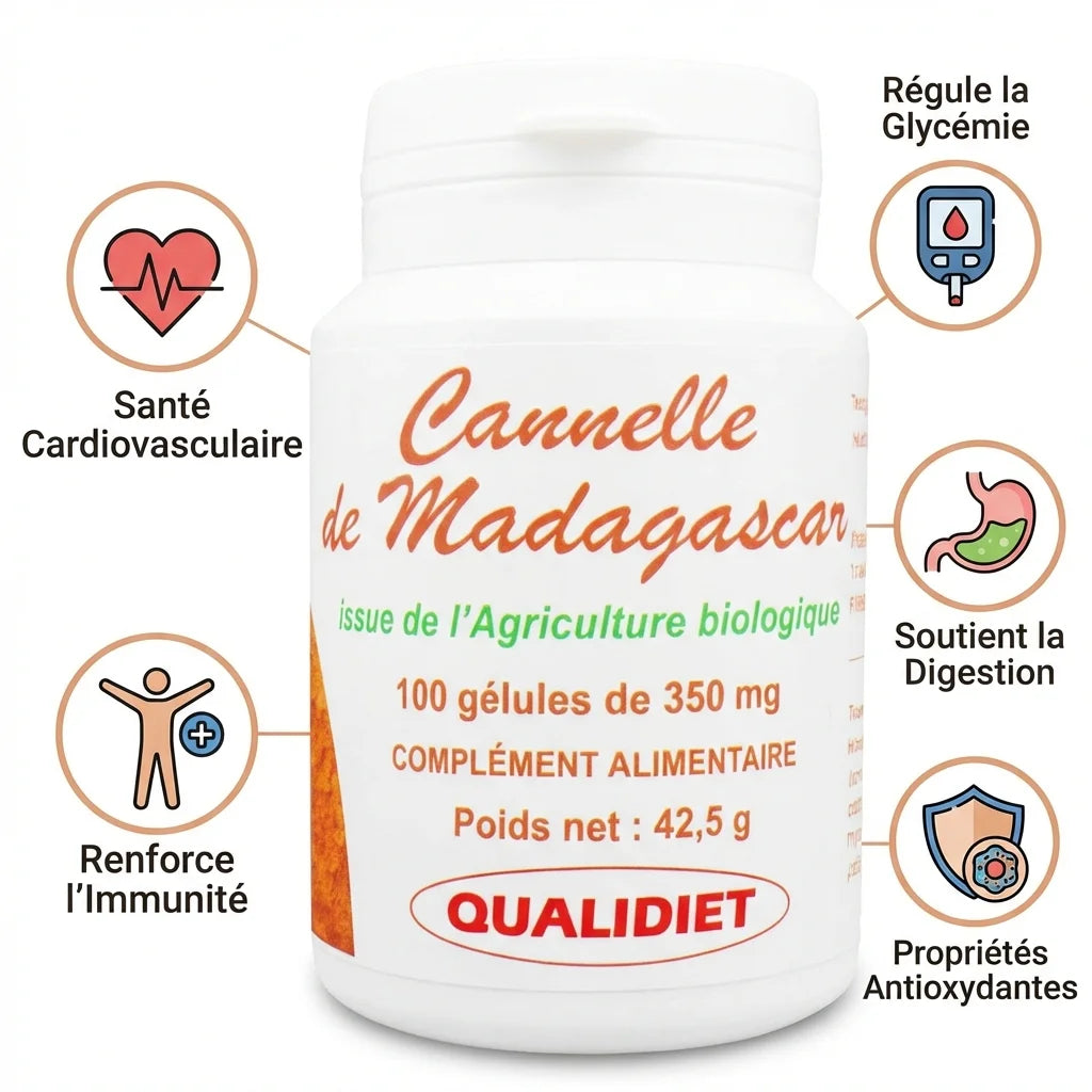 Cannelle de Ceylan Bio 350mg - Flacon 100 gélules avec bénéfices santé: glycémie, digestion, antioxydants