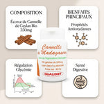 Cannelle de Ceylan Bio 350mg - Flacon avec infographies bienfaits antioxydants et régulation glycémique
