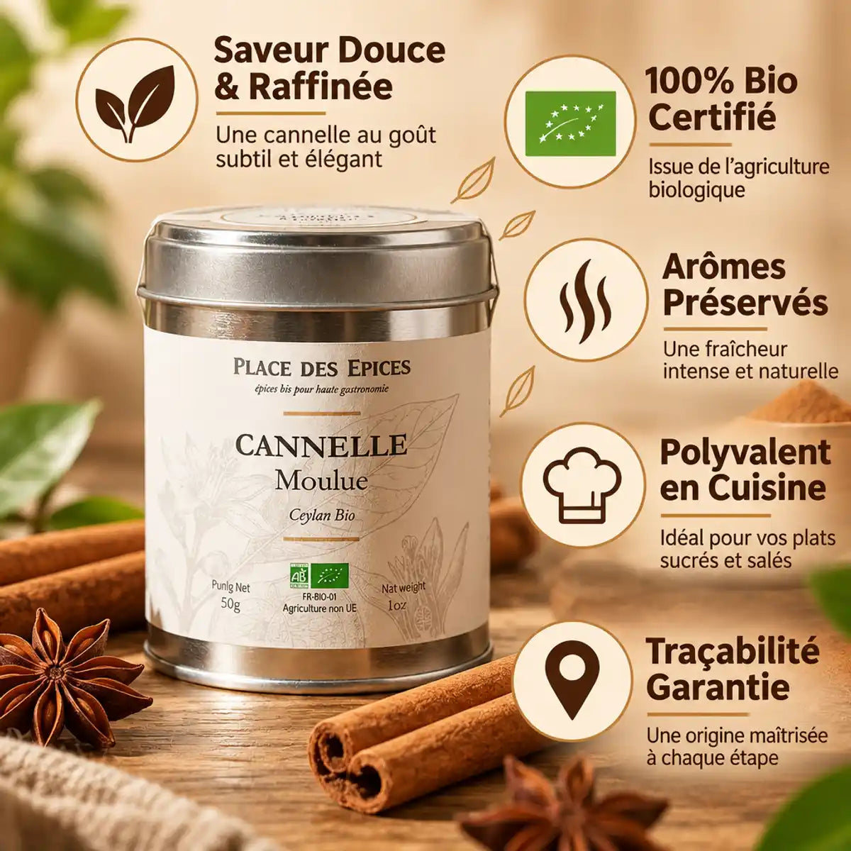 Cannelle moulue Bio 50g Place des épices en boîte métallique avec bâtons de cannelle et bénéfices