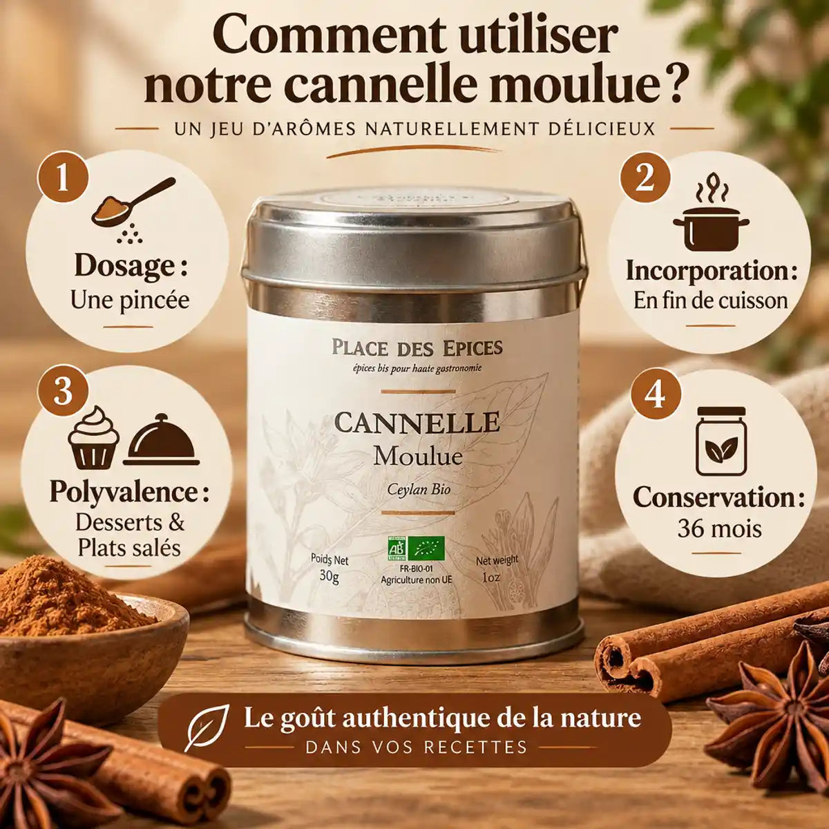 Cannelle moulue bio 50g Place des Épices avec bâtons de cannelle, dosage et conseils conservation