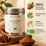 Cannelle moulue bio 50g Place des épices avec bâtons, anis étoilé et infographie composition