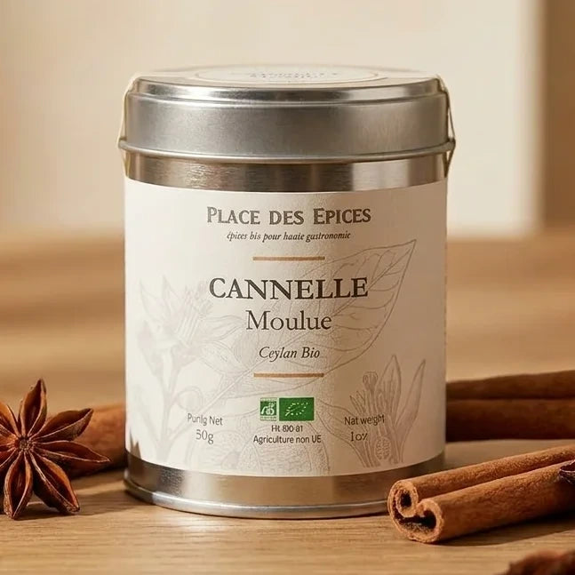 Cannelle moulue Bio 50g Place des épices dans boîte métallique avec bâtons de cannelle