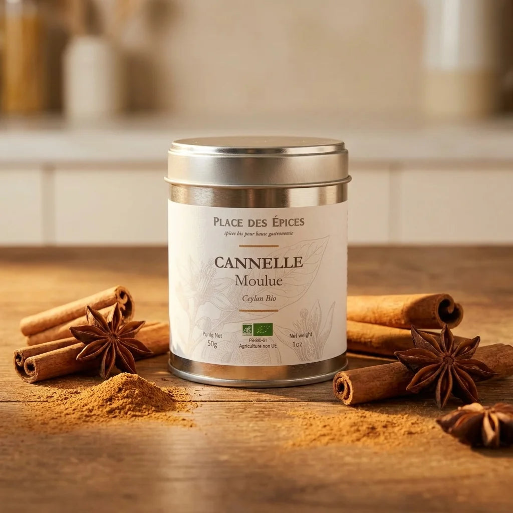 Cannelle moulue bio 50g Place des épices avec bâtons de cannelle sur fond bois