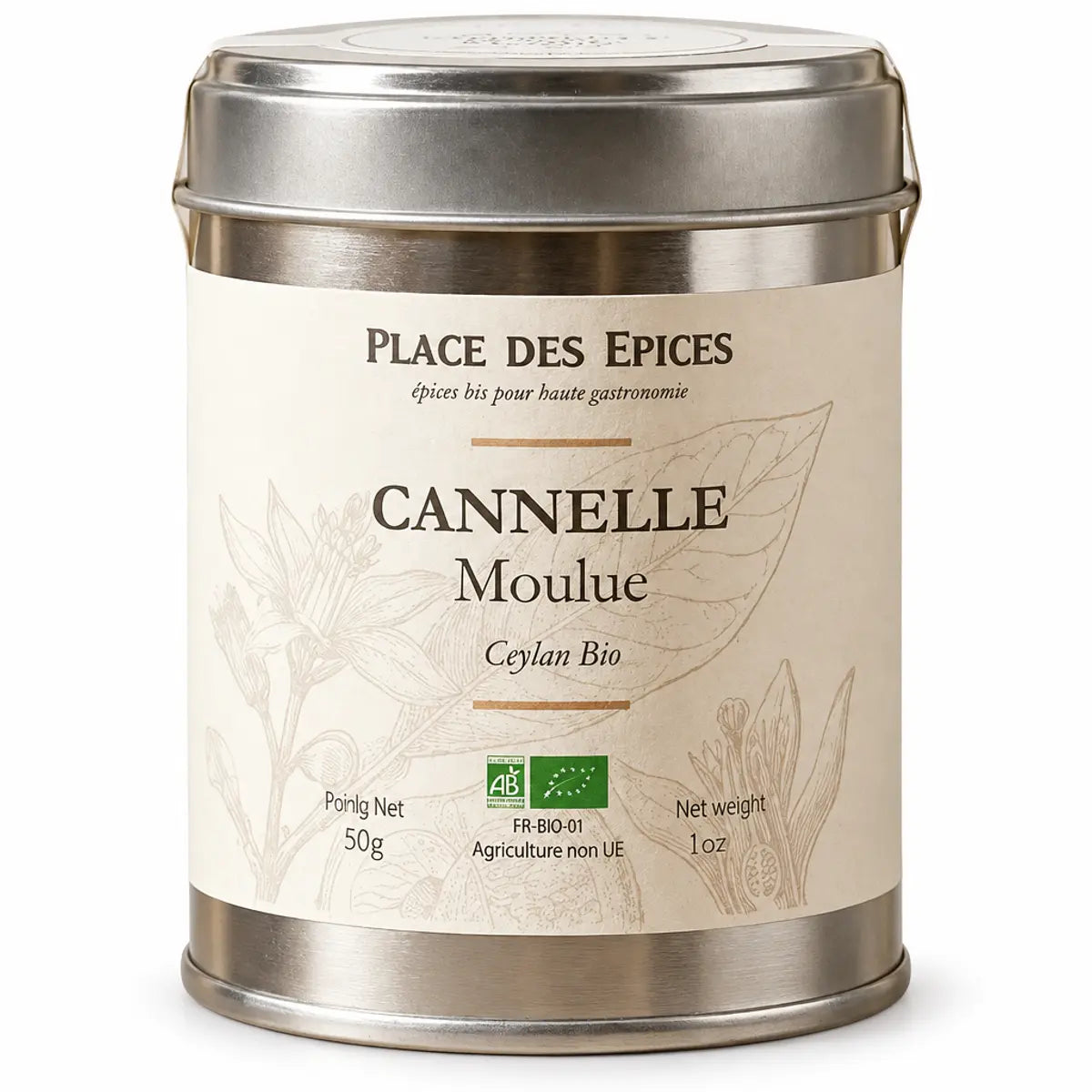 Cannelle moulue Bio 50g Place des épices - Boîte métallique avec label crème et certification biologique