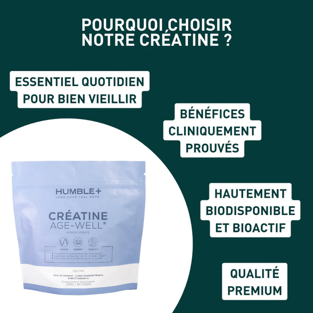 Caractéristiques de la Créatine Age-Well 300g en poudre monohydrate Humble+ 