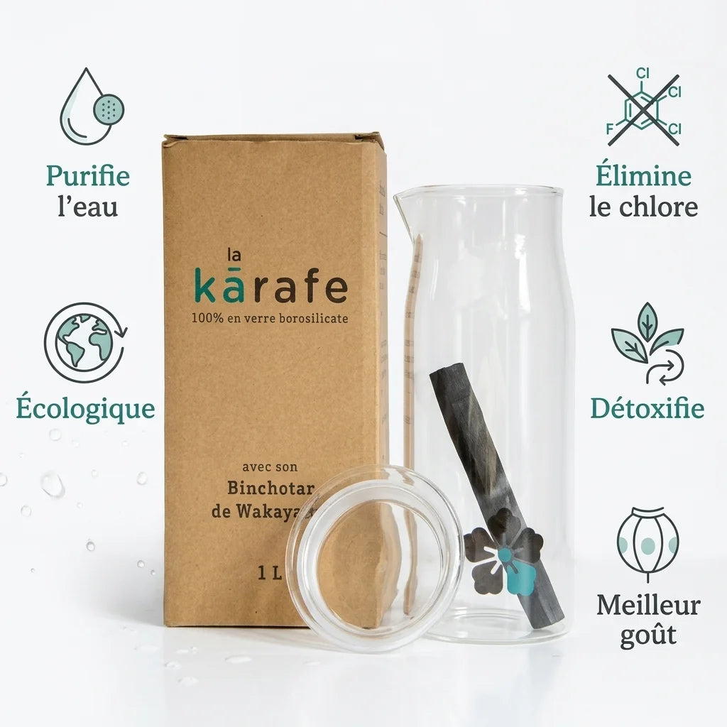 Carafe filtrante Kyuké 1L avec bâton charbon actif binchotan et ses bénéfices