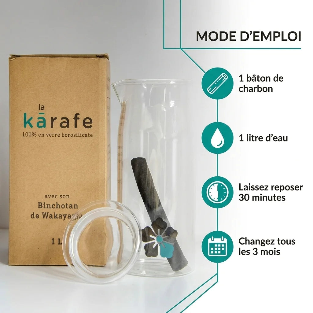 Carafe filtrante Kyuké avec bâton charbon binchotan 1L - mode d'emploi infographie