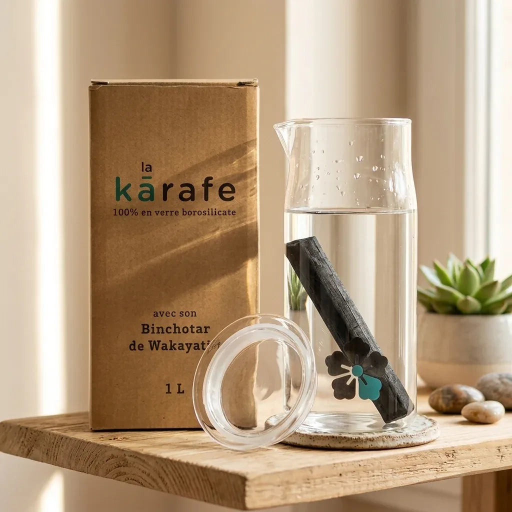 Carafe filtrante Kyuké 1L avec bâton de charbon actif binchotan sur fond neutre minimaliste