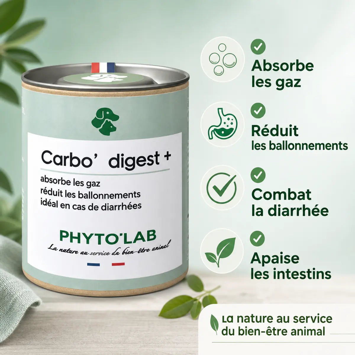 Carbo'digest + Charbon Végétal Phyto'Lab pour chien et chat avec bénéfices digestifs et anti-ballonnements