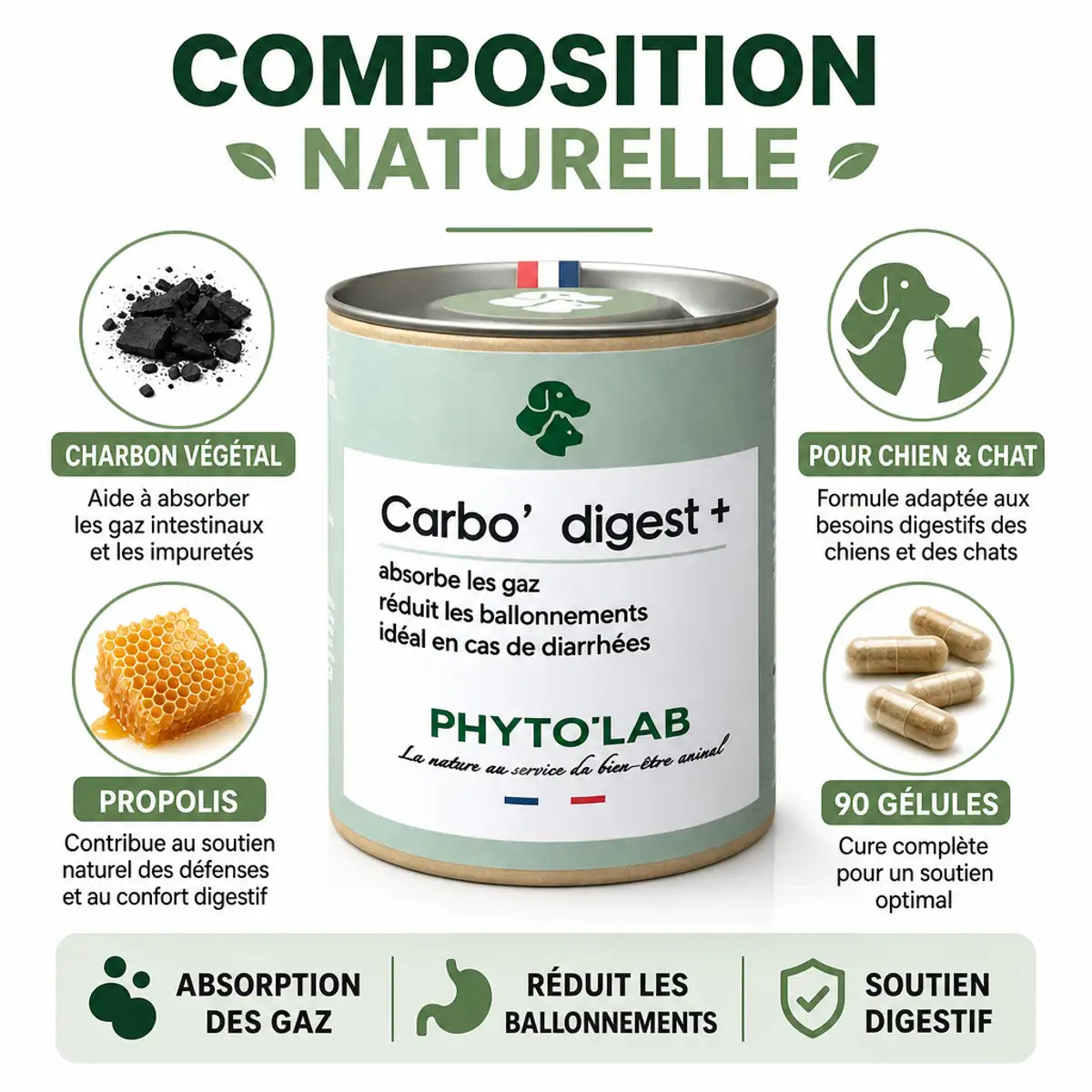 Carbo'digest+ charbon végétal pour chien et chat, 90 gélules, composition naturelle avec propolis