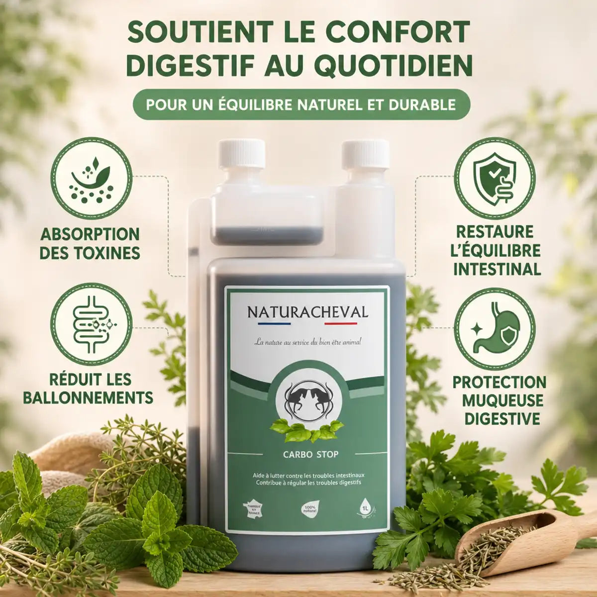 Carbo'Stop Naturacheval 1L pour santé intestinale cheval avec bénéfices absorption toxines