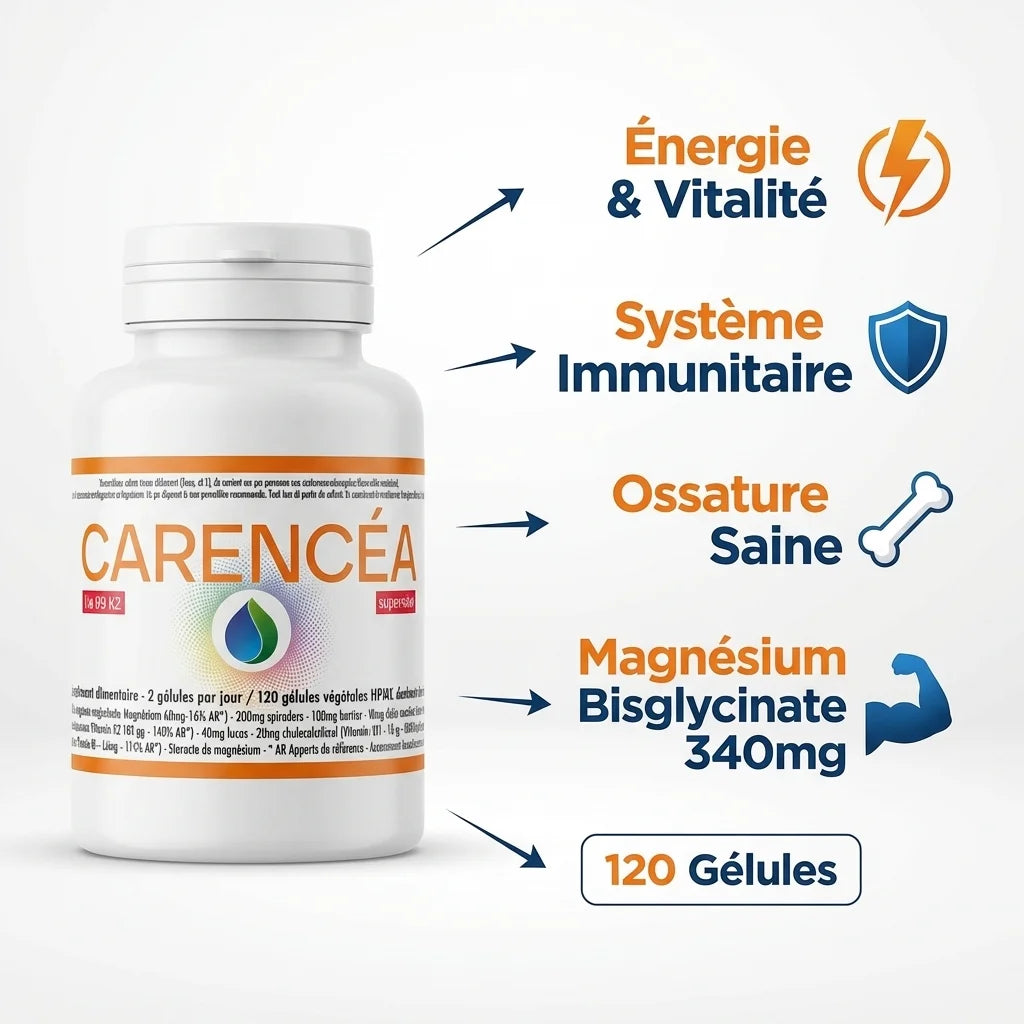 Carencéa Jade flacon blanc 120 gélules vitamine D3 K2 magnésium B6 bénéfices santé