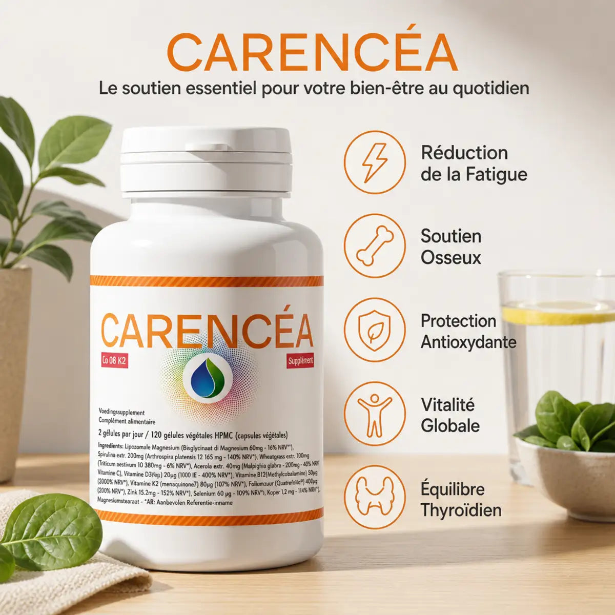 Carencéa Jade Recherche - Complément Vitamine D3/K2 Magnésium B6 120 gélules avec infographie bénéfices