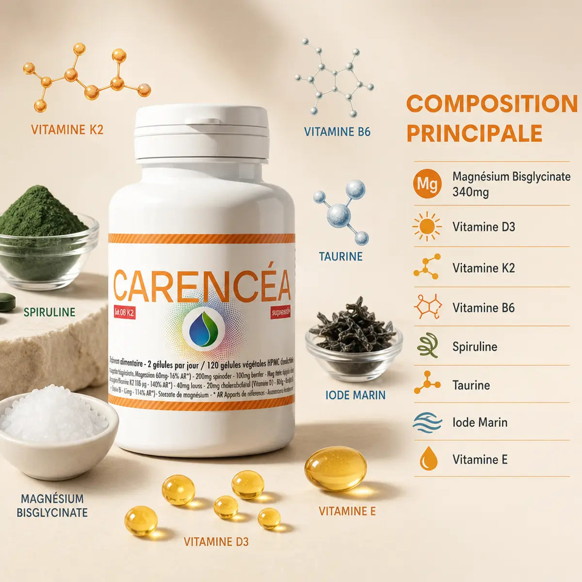 Carencéa Jade flacon supplément vitamines D3 K2 magnésium B6 spiruline composition principale