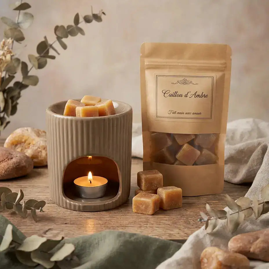 un sachet de carrés d'Ambre Jardin de mon Grand Père avec un brûle parfum à côté