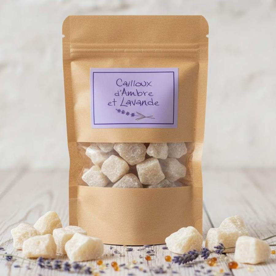 Un sachet kraft de 200 grammes de carrés Ambre Et Lavande, de Jardin de mon Grand Père