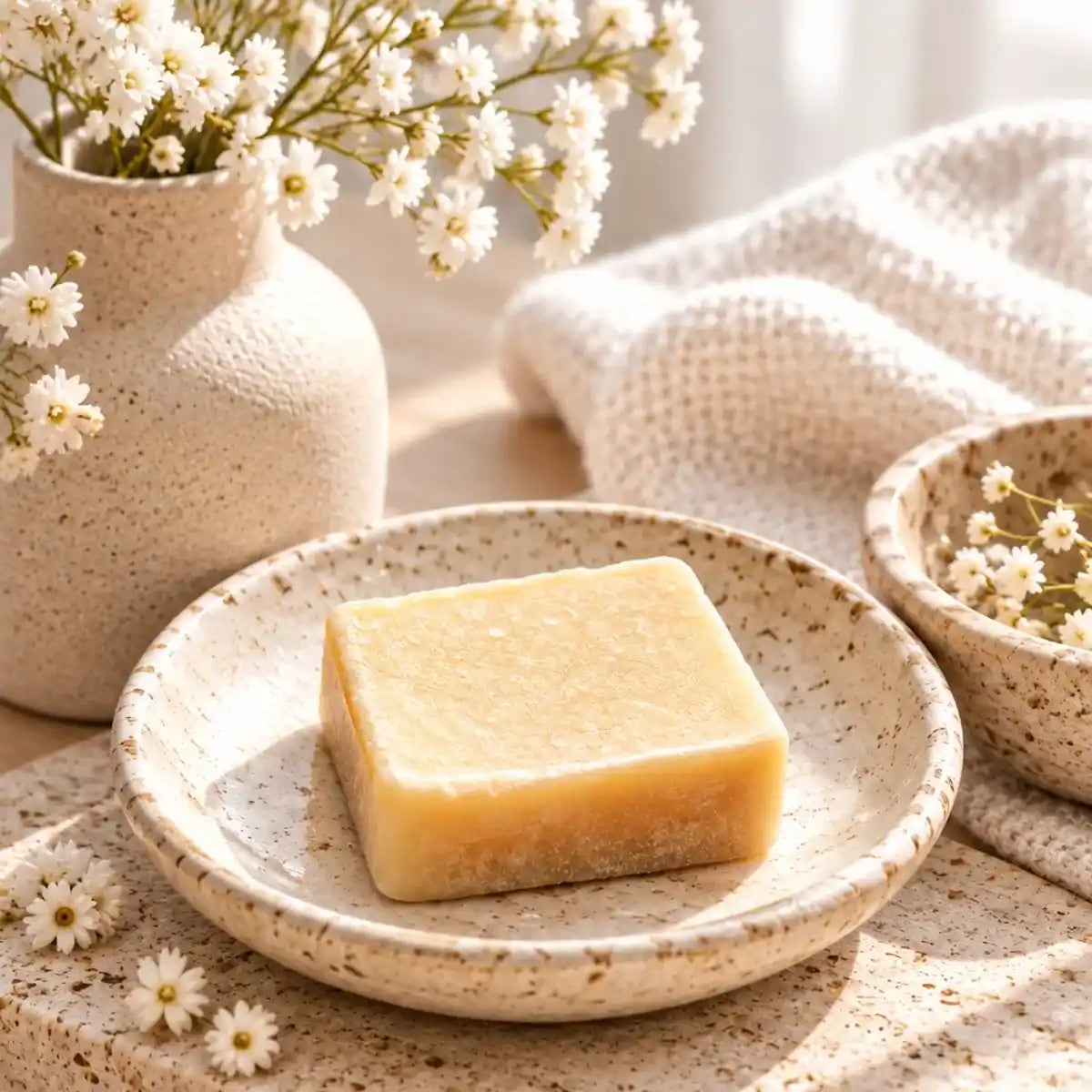 un carré fondant parfum ambre velours dans une coupelle en céramique avec des fleurs