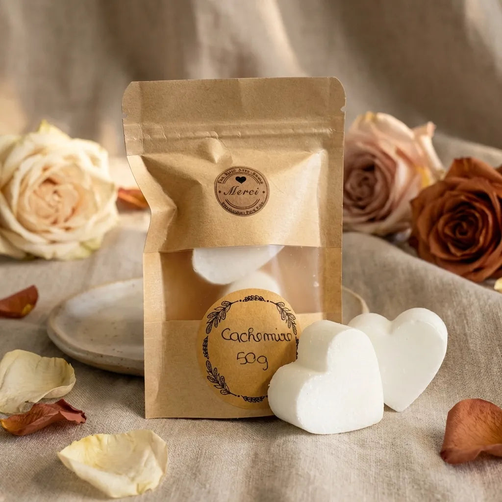 Carré d'Ambre Cachemire ByBazz cœur parfumé sur fond beige avec pétales de rose