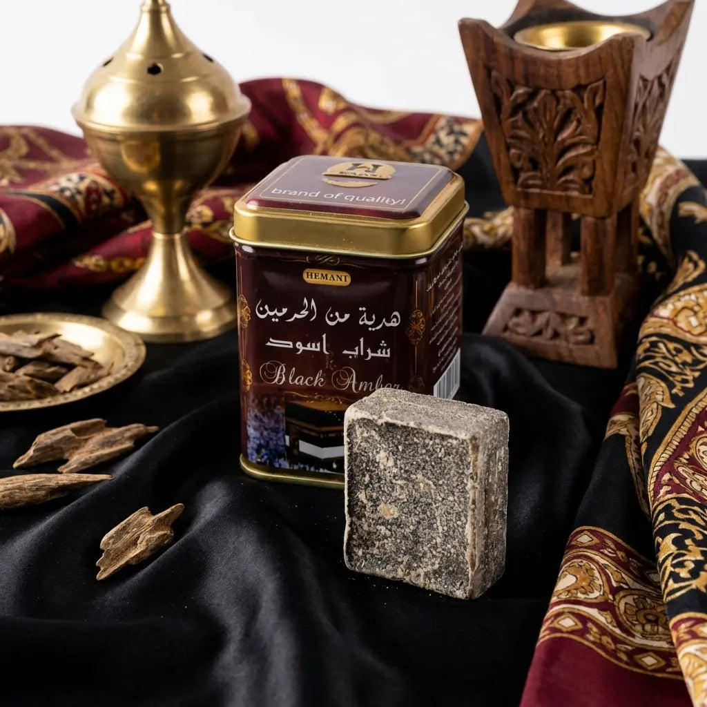 Carré d'Ambre Jamid Musc Noir 30g Hemani avec boîtier doré sur tissu noir