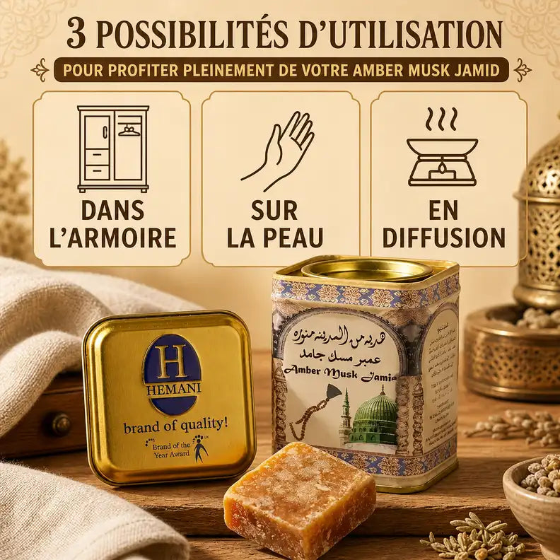 Carré d'Ambre Jamid Hemani 30g avec guide d'utilisation : armoire, peau, diffusion