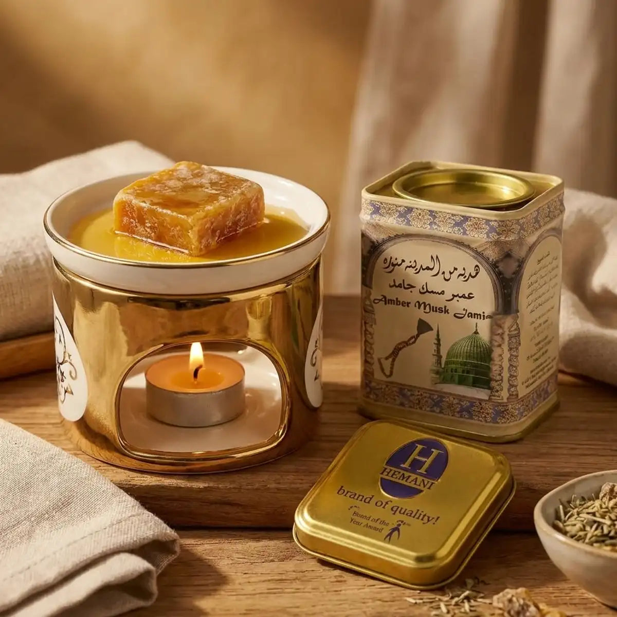 Carré d'Ambre solide Jamid Hemani 30g fondant en diffuseur, présentation luxe
