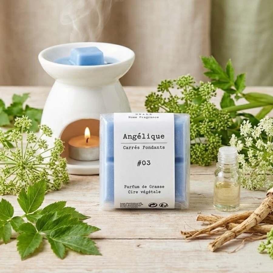 Un paquet de quatre carrés fondants Drake à la senteur Angélique devant un brule parfum