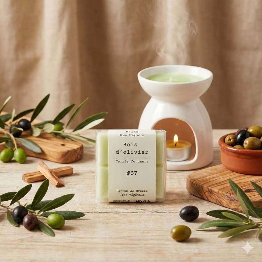 Un paquet de quatre carrés fondants Drake à la senteur Bois d'0livier devant des feuilles d'olivier et des olives