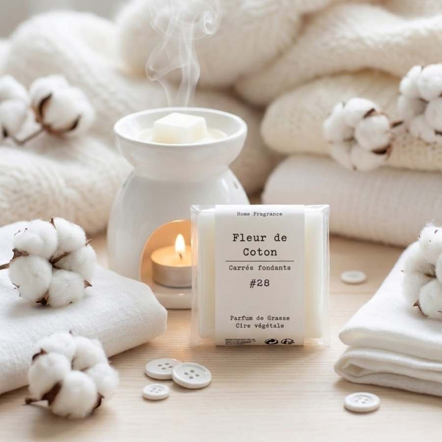 Un paquet de quatre carrés fondants Drake à la senteur Fleur de coton devant des boules de coton