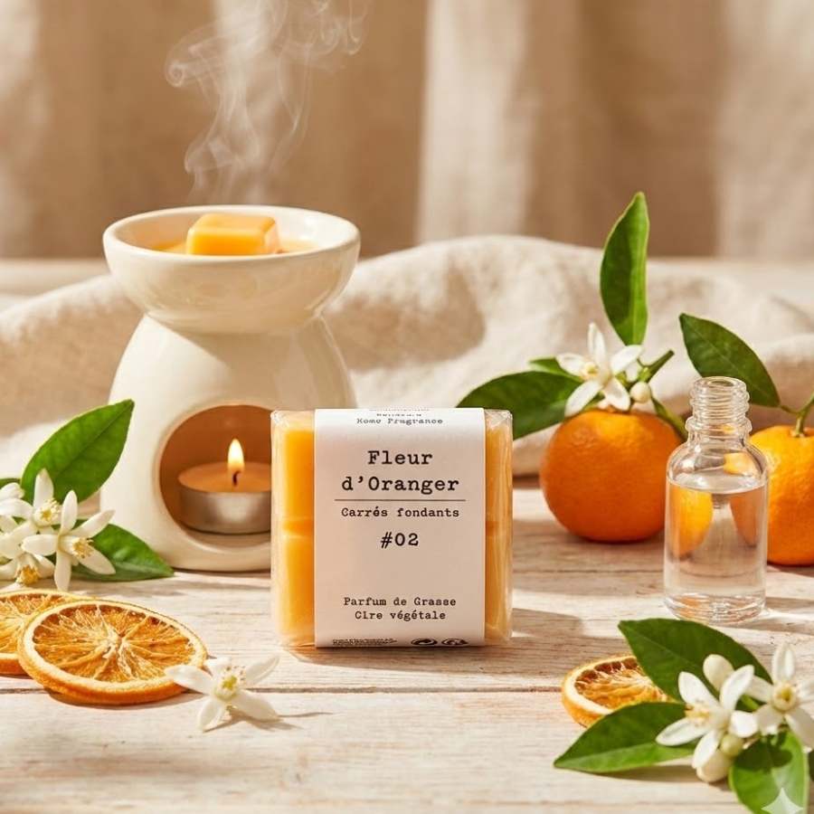 Un paquet de quatre carrés fondants Drake à la senteur Fleur d'Oranger devant un brule parfum et une orange