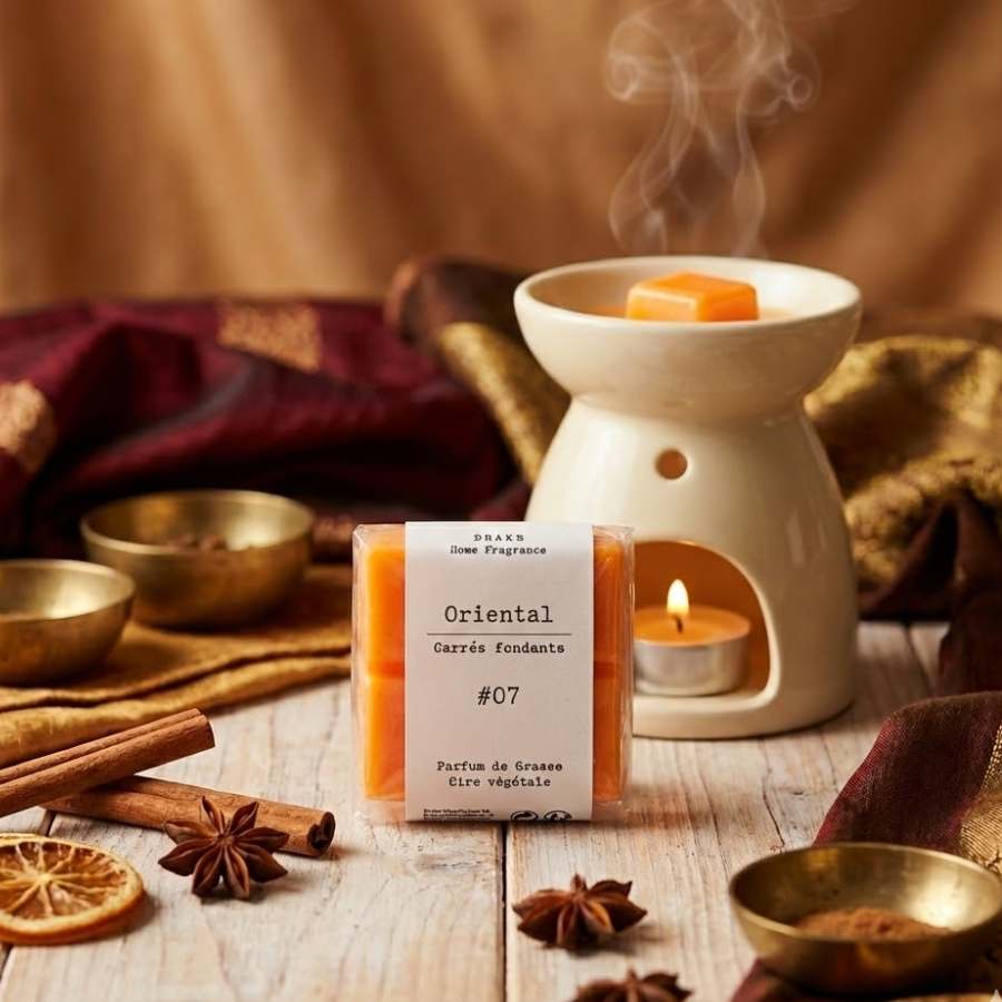 Un paquet de quatre carrés fondants Drake à la senteur Oriental devant un brûle parfum