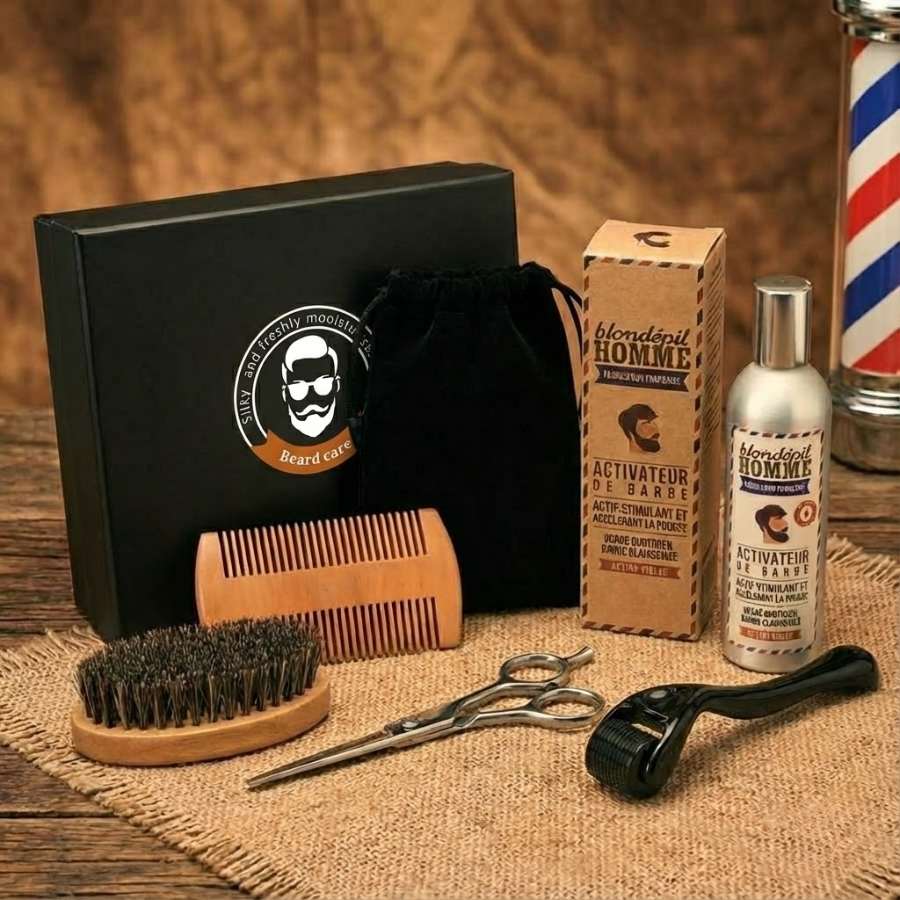 Un coffret prestige de soin de la barbe, 6en1, mis en scène sur une table en bois rustique
