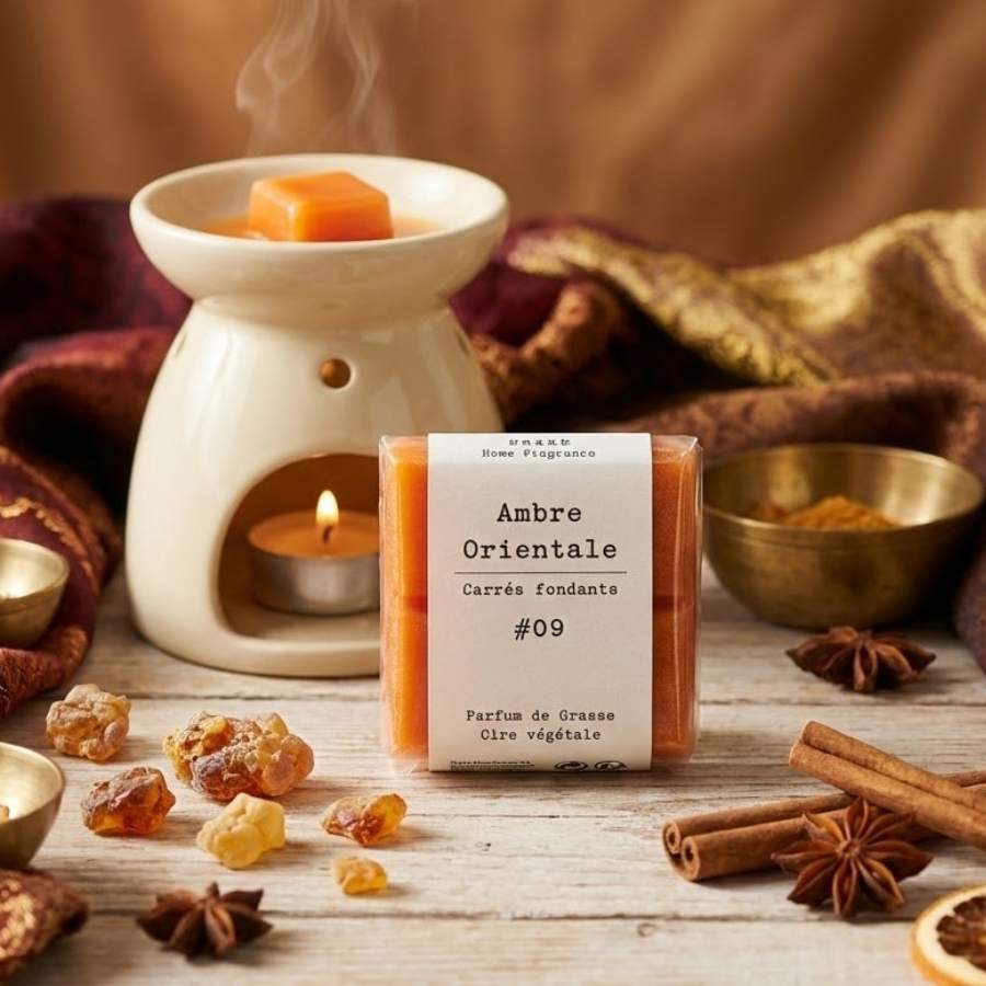 Un pack de 4 Carrés Fondants à la Cire Parfumée senteur Ambre orientale de Drake, devant un brûle parfum