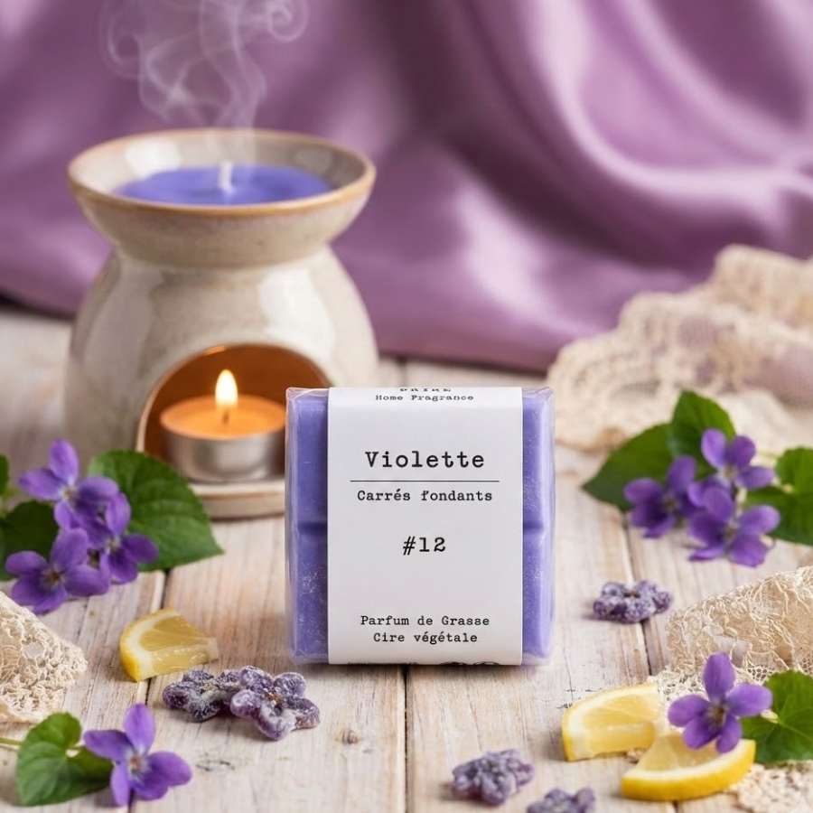 Un paquet de quatre carrés fondants Drake à la senteur Violette devant un brûle-parfum