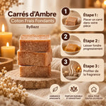Carrés d'Ambre Coton Frais ByBazz avec guide d'utilisation en 3 étapes pour diffuser la fragrance