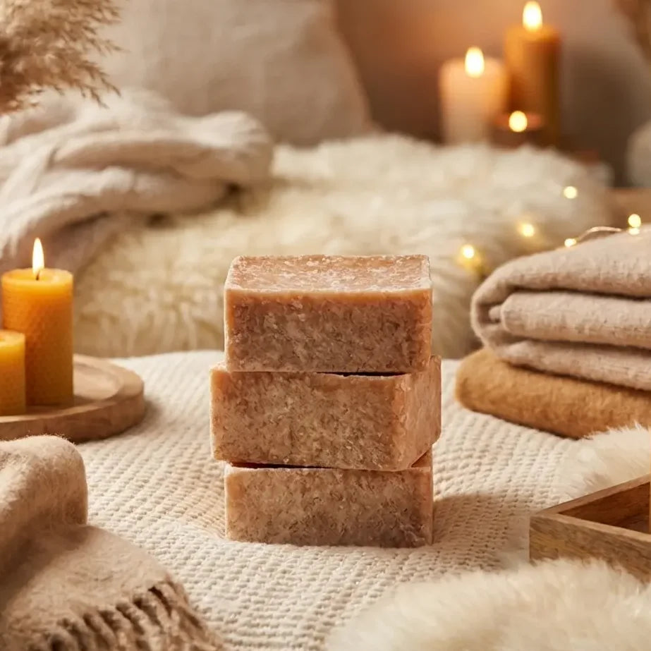 Carrés d'Ambre Coton Frais Fondants ByBazz dans une ambiance cosy avec bougies et plaids