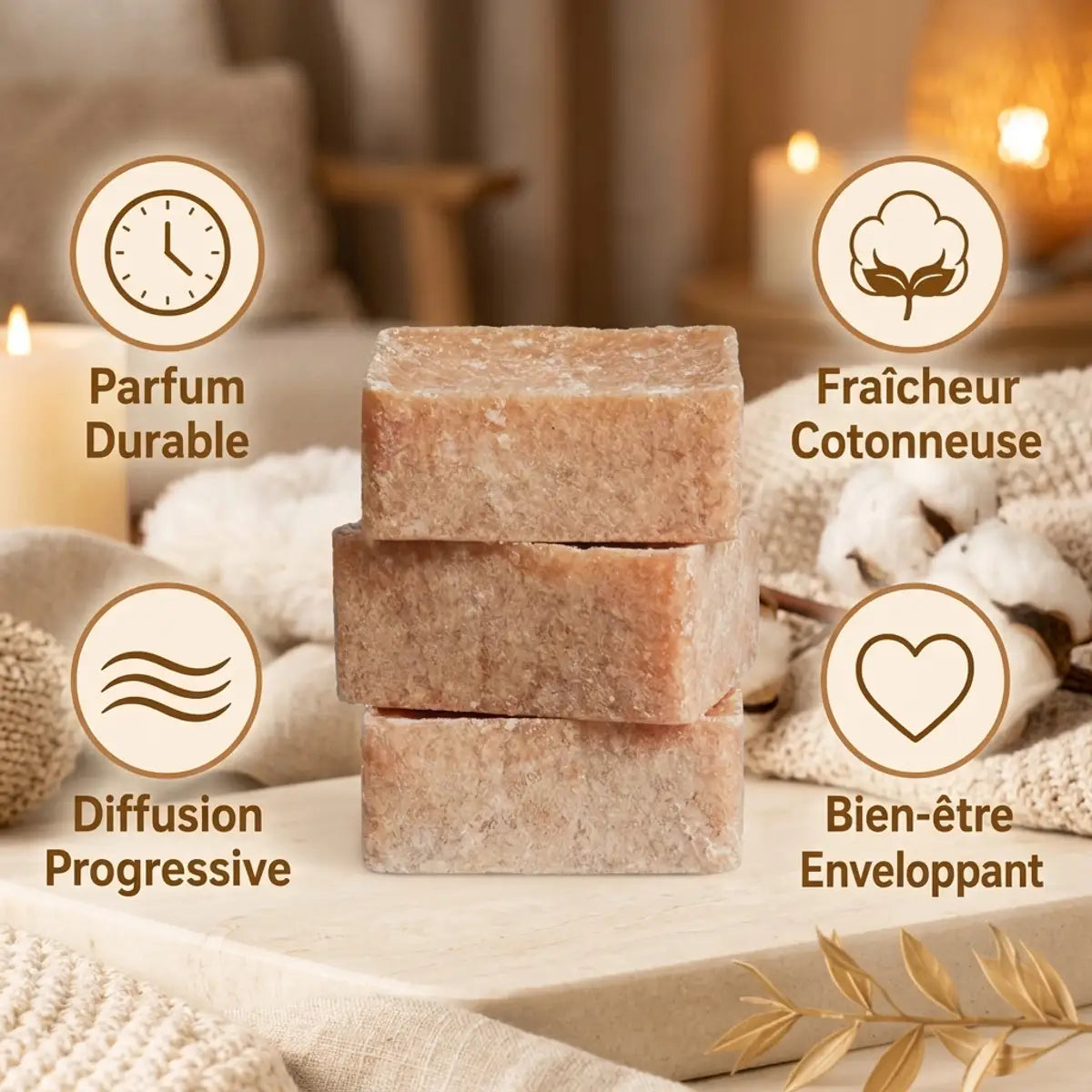 Carrés d'Ambre Coton Frais ByBazz fondants avec branches de coton et textiles doux en ambiance chaleureuse